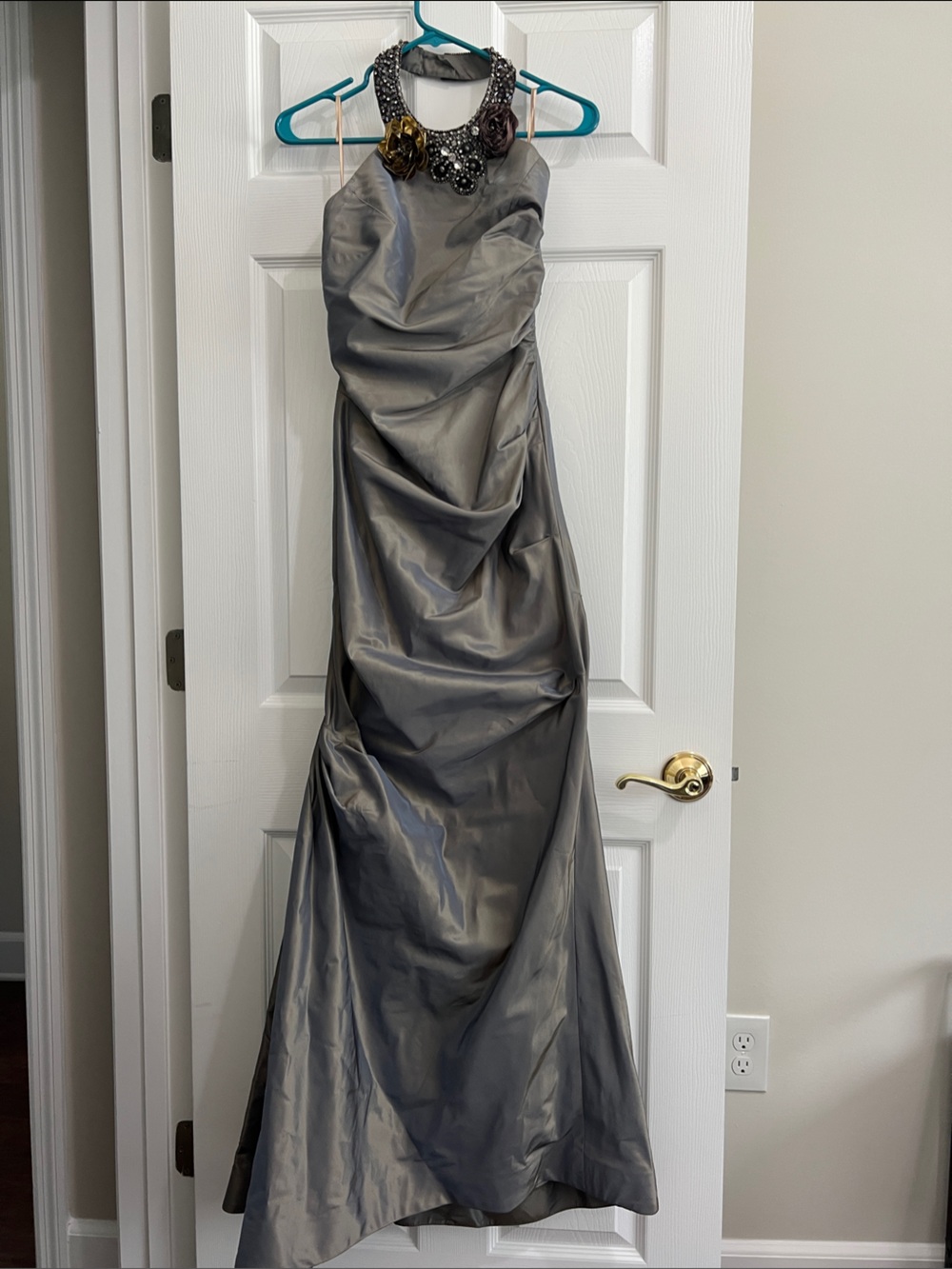 Teri Jon by Rickie F- Silver Gray Evening halter Gown with Embellished Neckline